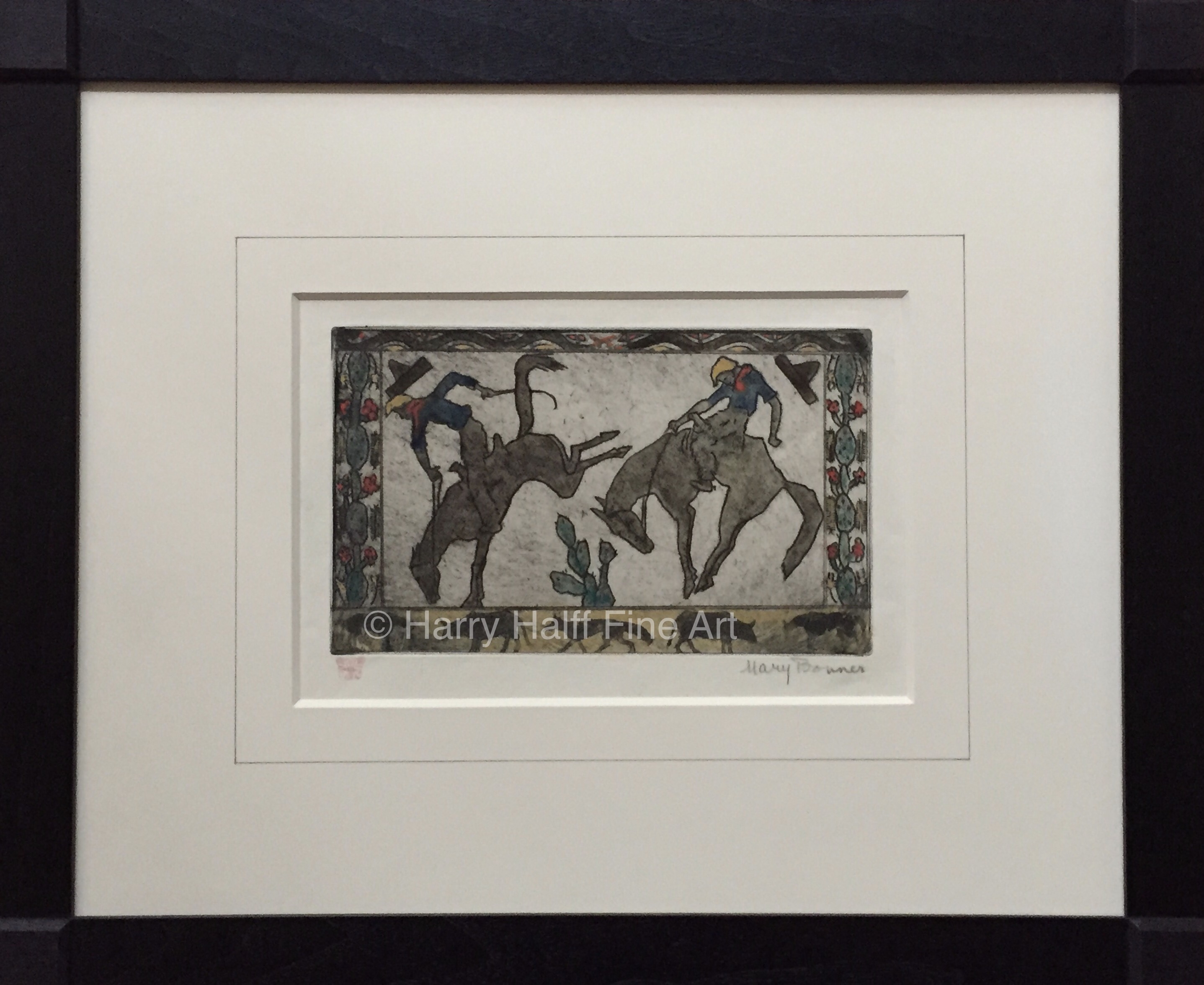 Bucking Bronco etched and hand-colored by Mary Bonner