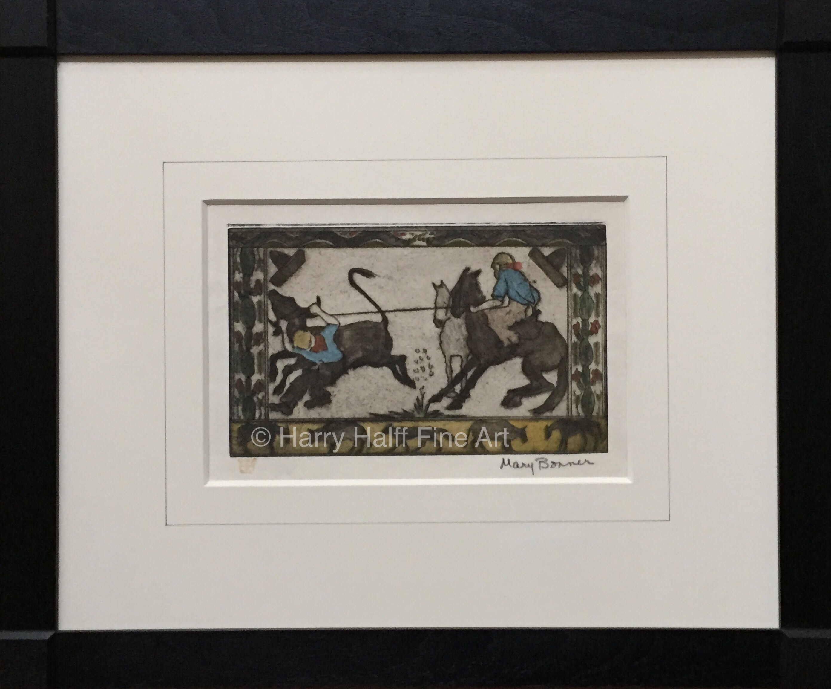 Buy Mary Bonner's etched and hand-colored piece titled "Calf Roping" that is signed in the lower right hand corner.