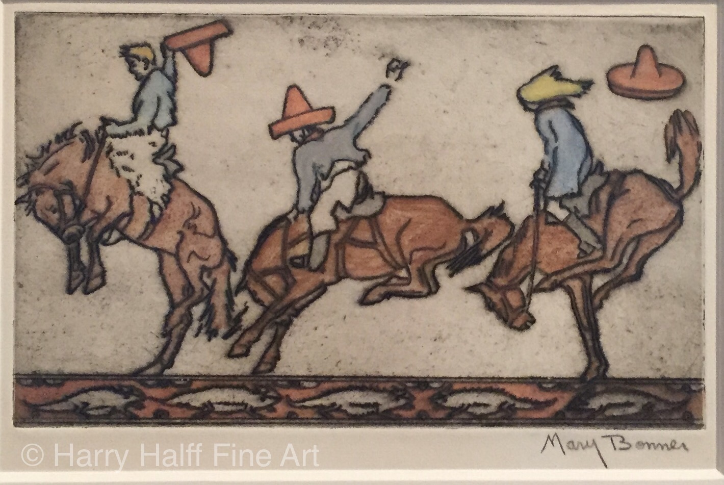 Mary Bonner handcolored etching titled Three Bucking Broncos